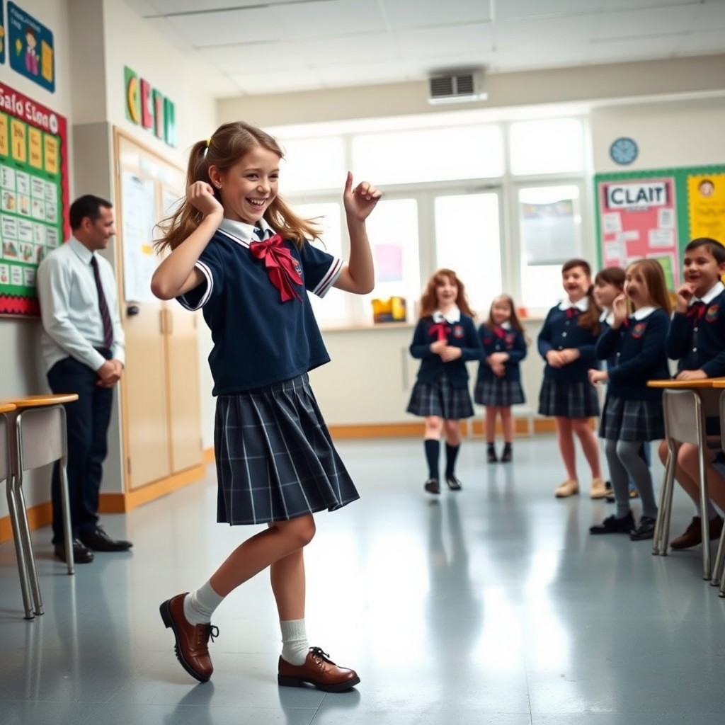 A lively scene set in a school environment, depicting a cheerful girl in a classic school uniform dancing energetically in front of a teacher