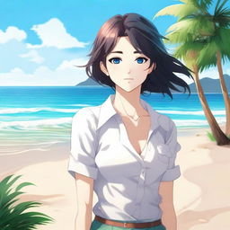 This digital art showcases a high-quality image of an anime-style individual who identifies as a she-male, located on a picturesque beach