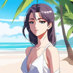 This digital art showcases a high-quality image of an anime-style individual who identifies as a she-male, located on a picturesque beach