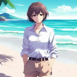 This digital art showcases a high-quality image of an anime-style individual who identifies as a she-male, located on a picturesque beach