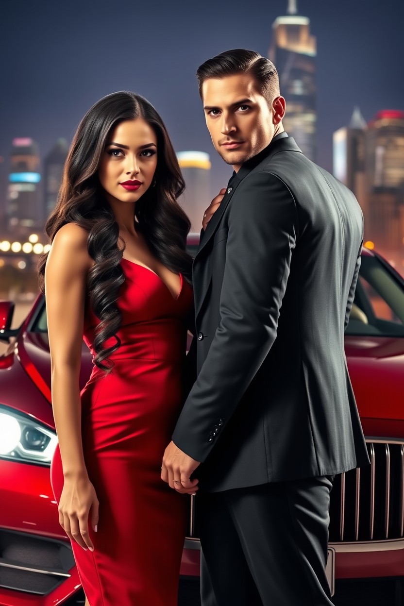 A captivating scene from a mafia romance, featuring a beautifully dressed woman with long wavy black hair and a stylish red dress, standing confidently in front of a luxurious car