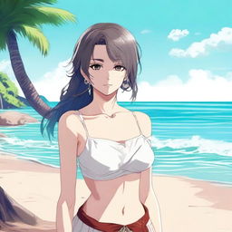 This digital art showcases a high-quality image of an anime-style individual who identifies as a she-male, located on a picturesque beach