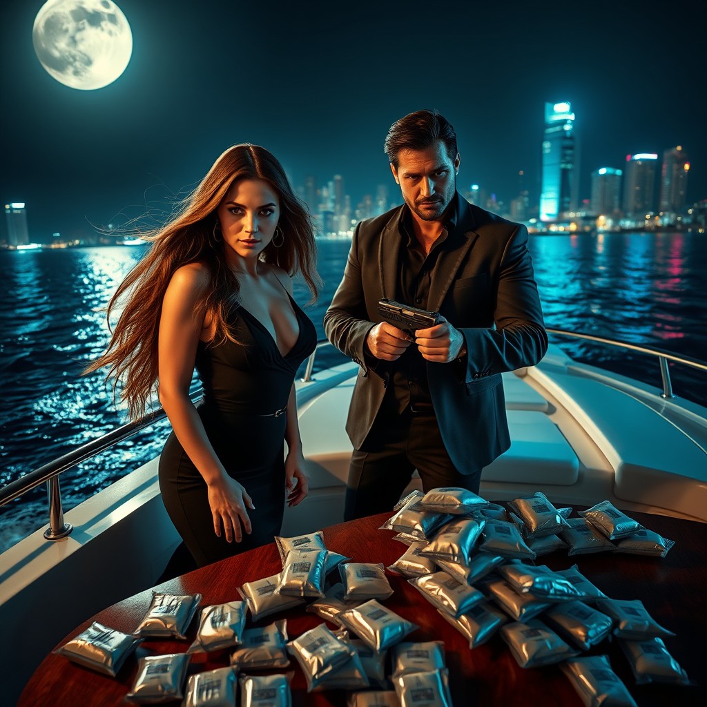 A thrilling mafia romance scene set on a sleek, luxurious yacht sailing through dark waters at night