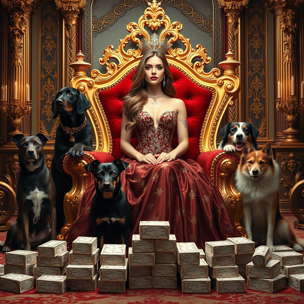 An opulent scene depicting a mafia royalty romance, featuring a stunning princess adorned in an extravagant gown, sitting confidently on a grand throne made of gold and velvet
