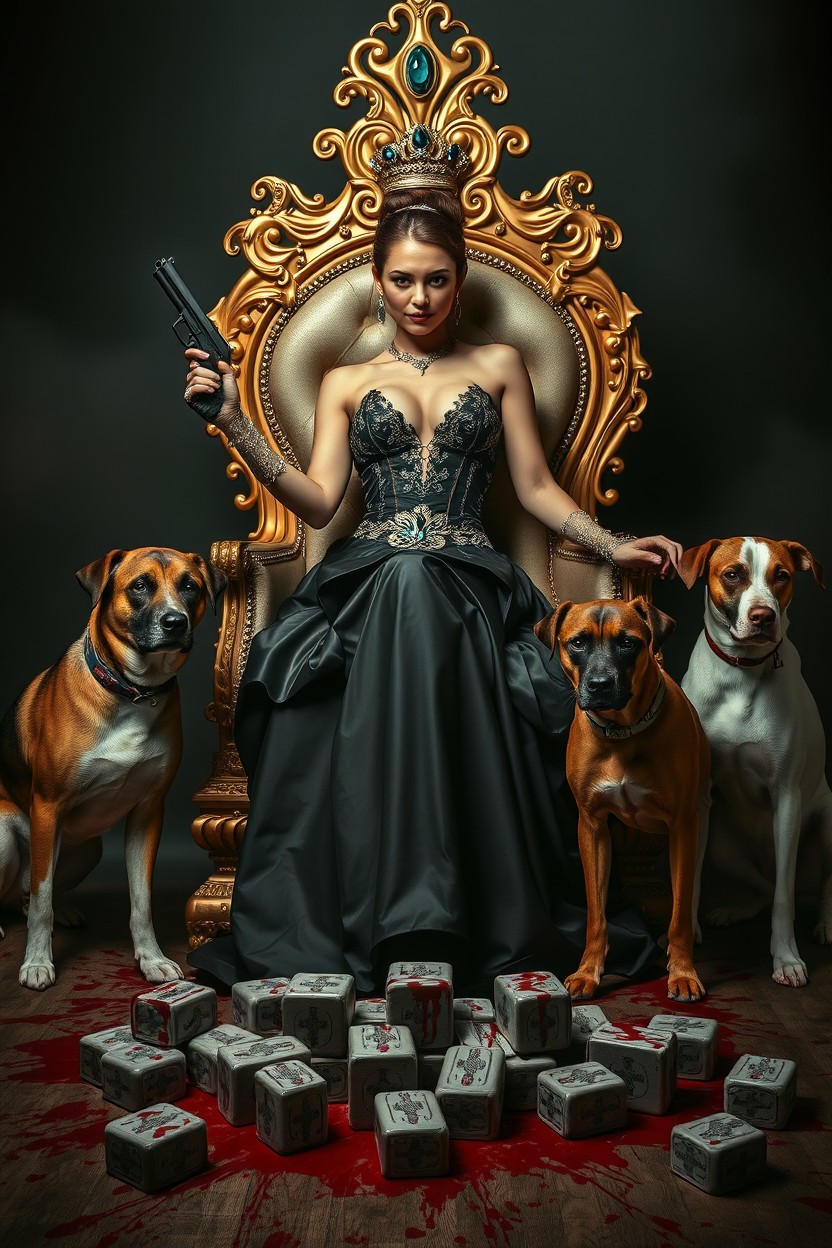 A striking portrayal of a mafia princess seated on an ornate throne, clad in an elegant yet edgy gown, confidently holding a gun in her gloved hand