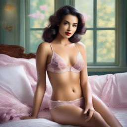 A high-quality, tastefully crafted digital art piece featuring a stunning woman elegantly posed in delicate lingerie