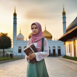 A beautiful Russian teenager in a headscarf walking towards a mosque, carrying a Quran, with the sunset light illuminating an Indonesian village.