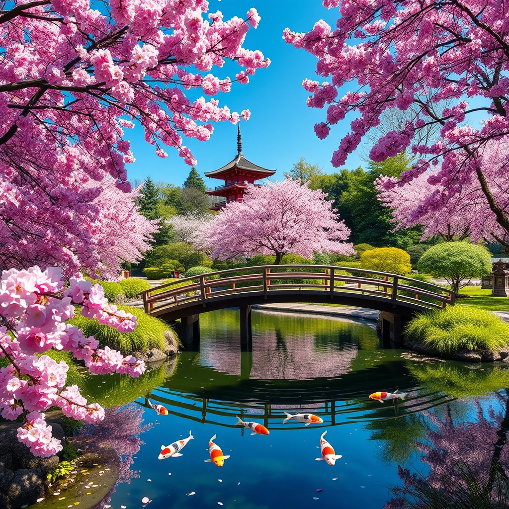 A serene Japanese garden during cherry blossom season, filled with vibrant pink cherry trees in full bloom
