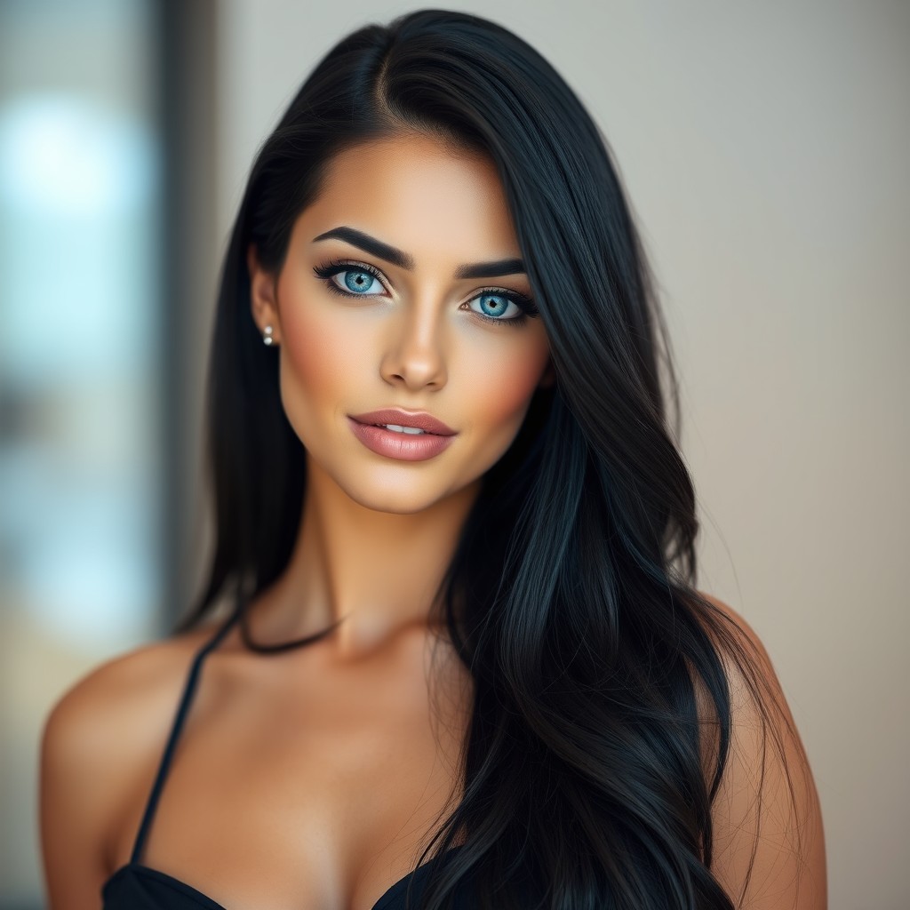 A beautiful woman with long black hair cascading down her back, striking blue eyes that stand out vividly, a flawless complexion, and a confident expression