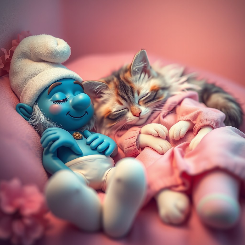 A whimsical scene featuring a sleepy smurf with its signature hat and tiny physique, lounging comfortably among vibrant pink and blue hues