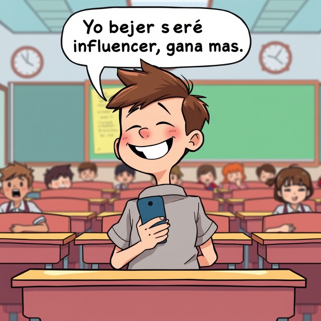 A cartoon scene in a classroom featuring a 15-year-old boy with short hair, sitting at the back of the class, laughing while looking at his cellphone