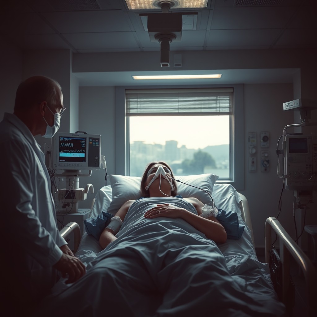 A dramatic and emotional scene set in an Intensive Care Unit (ICU), featuring a patient on a ventilator