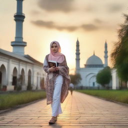 A beautiful Russian teenager in a headscarf walking towards a mosque, carrying a Quran, with the sunset light illuminating an Indonesian village.