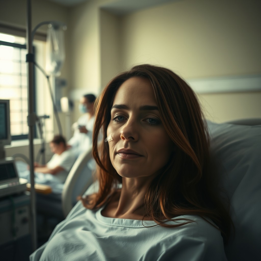 A somber scene in an ICU room showcasing a woman on a ventilator, capturing the intensity of hospital life