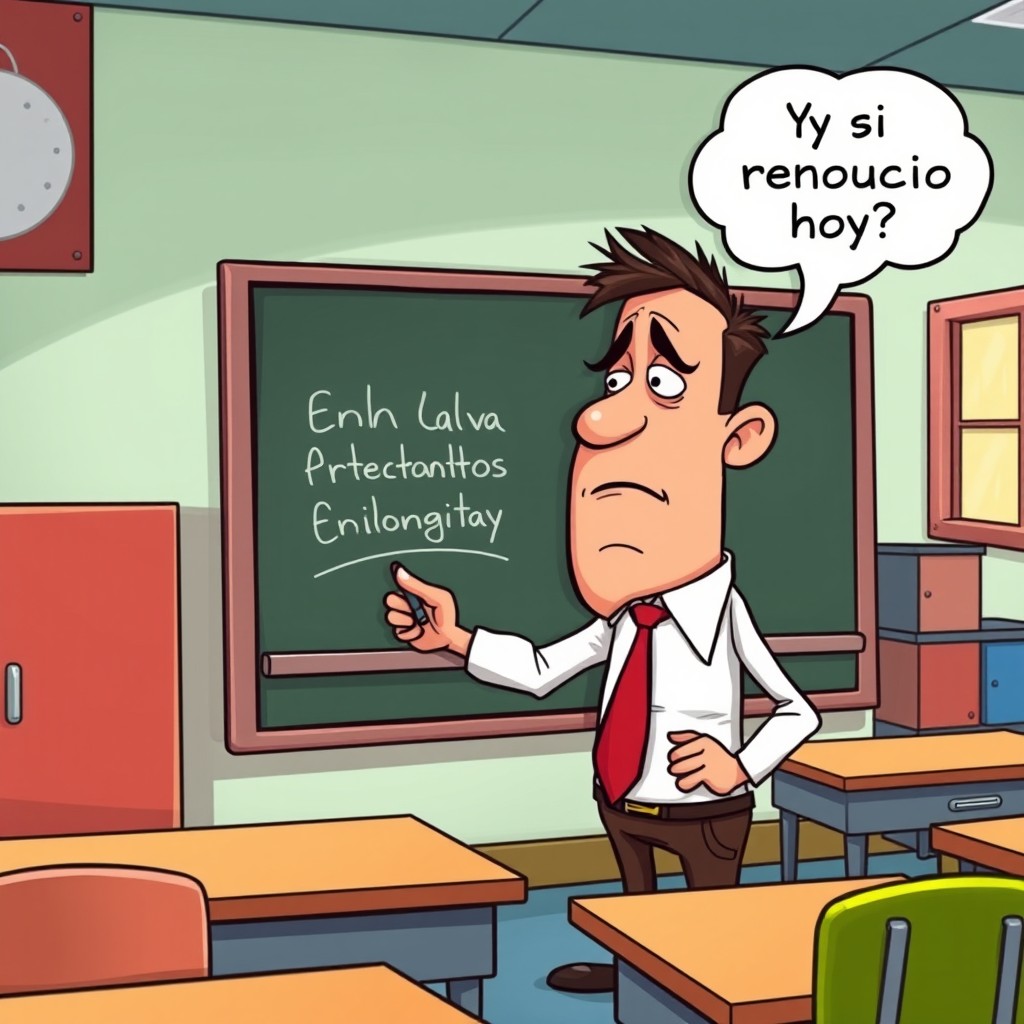 A cartoon scene in a classroom featuring a male teacher with a large head and a small body, who is sighing while continuing to write on the blackboard