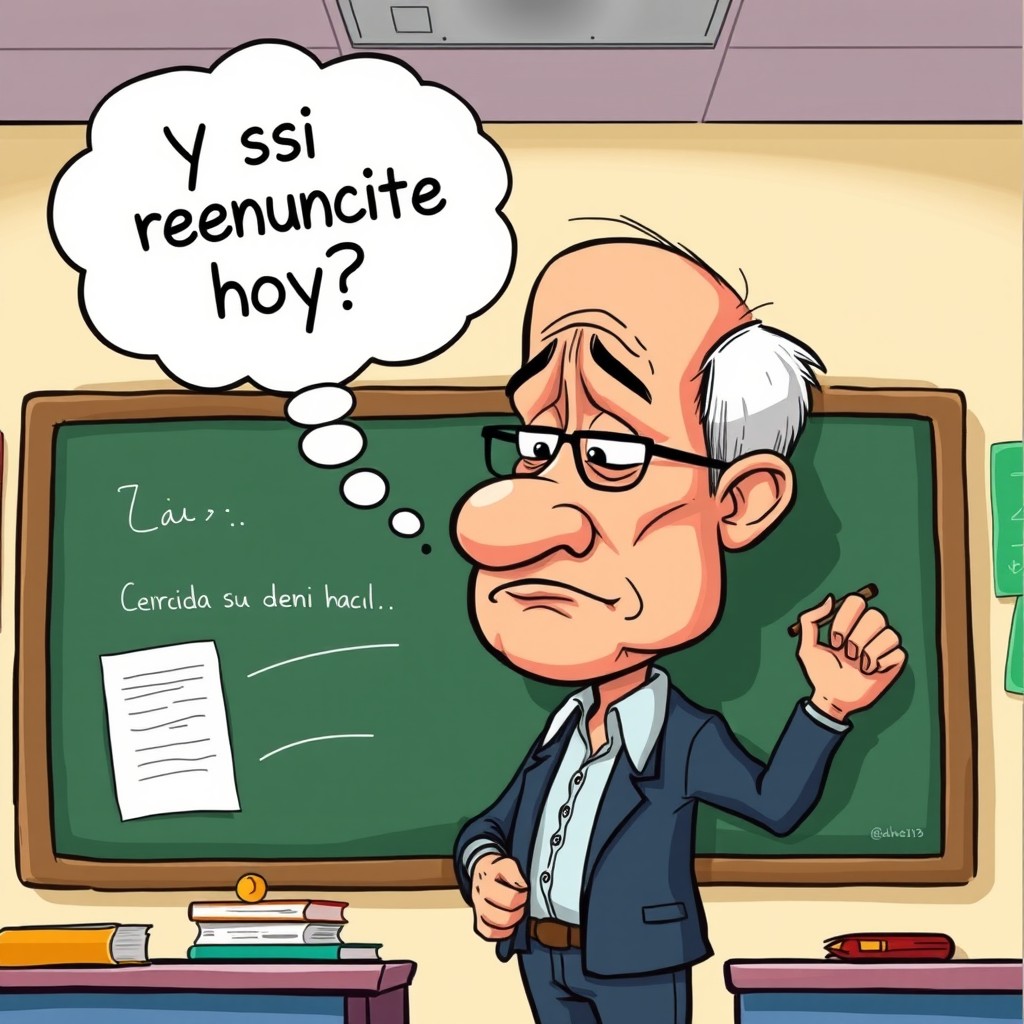 A cartoon scene depicting a male teacher, sighing as he continues to write on the blackboard