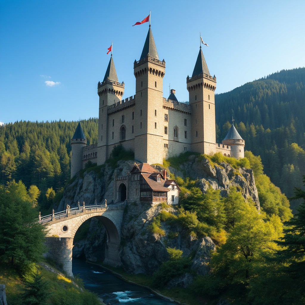 A majestic medieval castle perched atop a rocky hill, surrounded by lush green forests and a clear blue sky