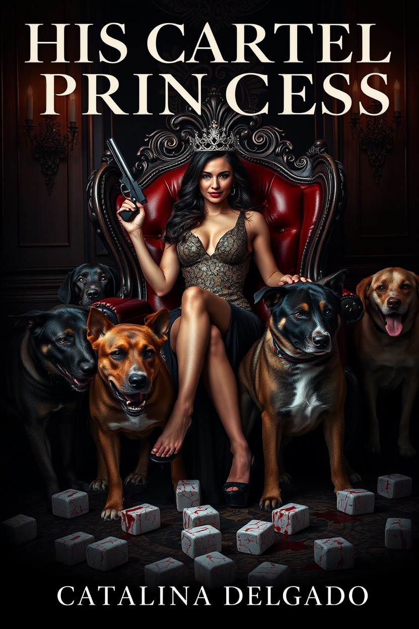 A dark and thrilling scene depicting a mafia royalty romance, featuring a stunning princess sitting confidently on a luxurious throne