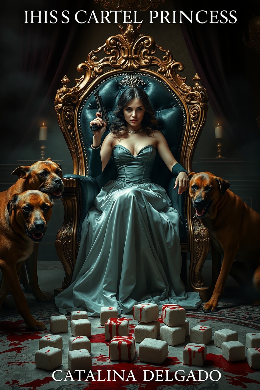 A scene depicting a powerful princess seated on an ornate throne, confidently holding a gun