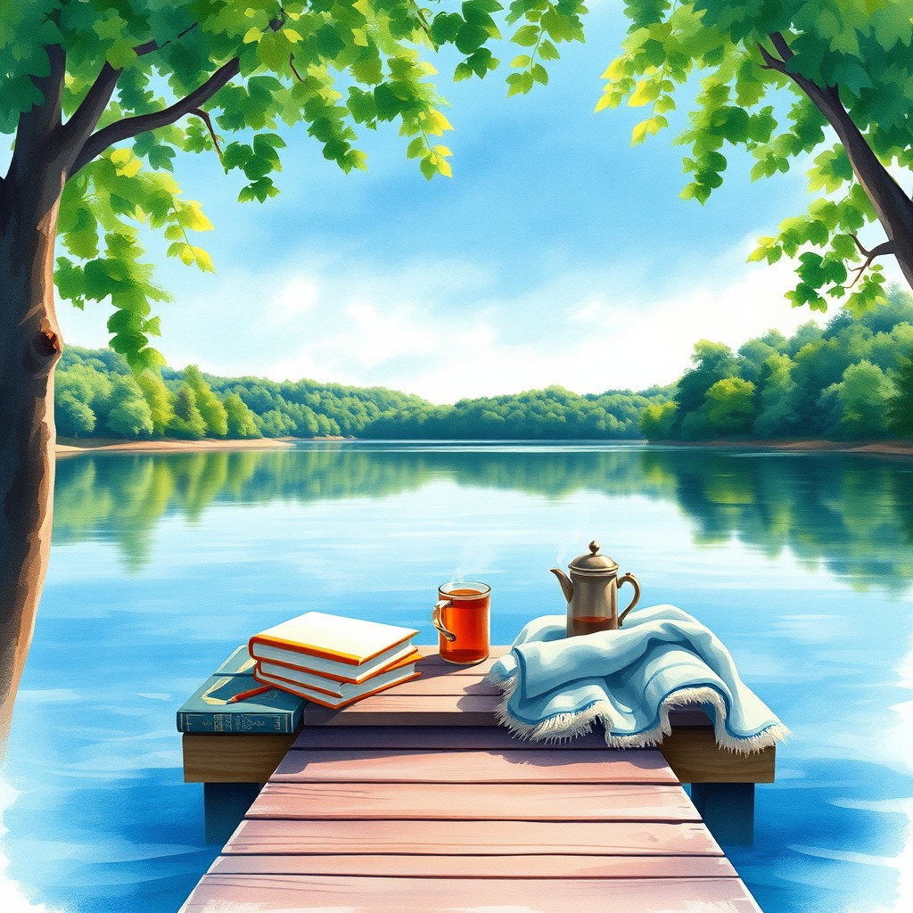 A serene lakeside scene for a book cover, featuring calm waters reflecting a clear blue sky