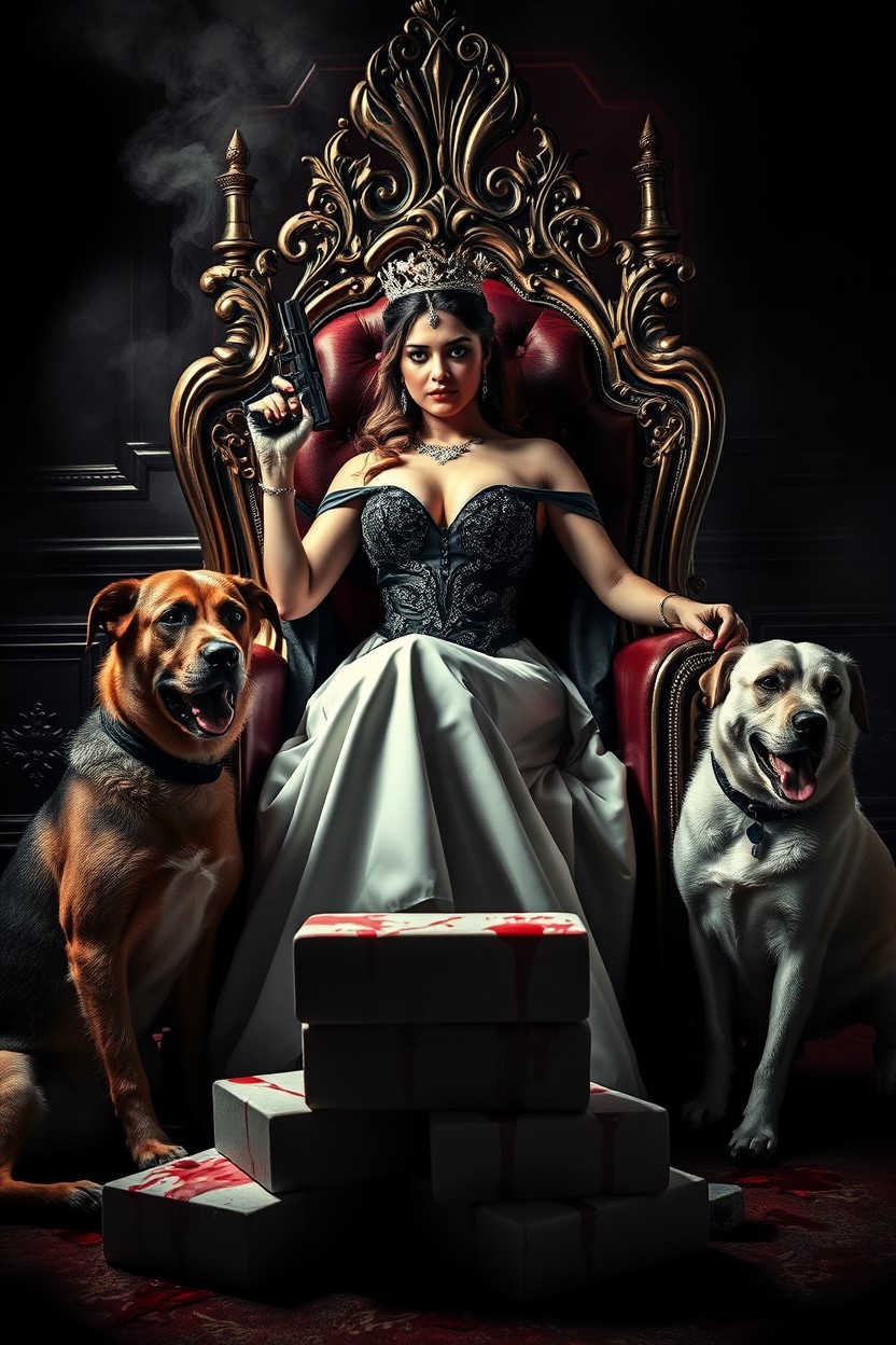 A dramatic scene depicting a mafia royalty romance, featuring a fierce princess on a throne, elegantly adorned but with an air of danger