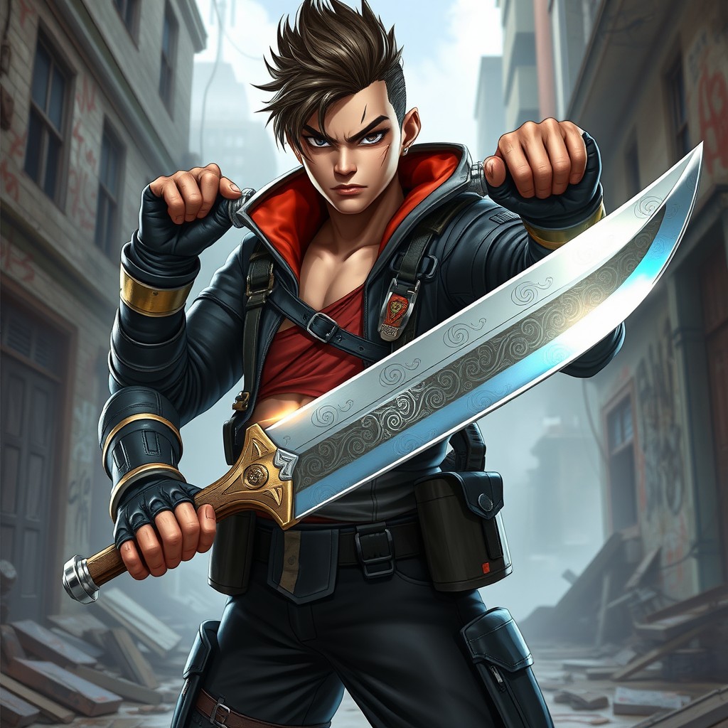A unique fighter character standing in a dynamic pose, showcasing a fierce and confident attitude