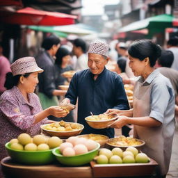 Warm scene of Indonesian locals sharing mochi street food together in a lively market setting