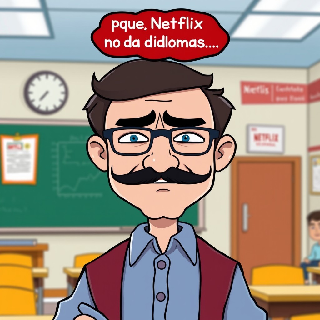 A cartoon scene featuring a 50-year-old male teacher with mustaches and glasses, wearing an uncomfortable smile