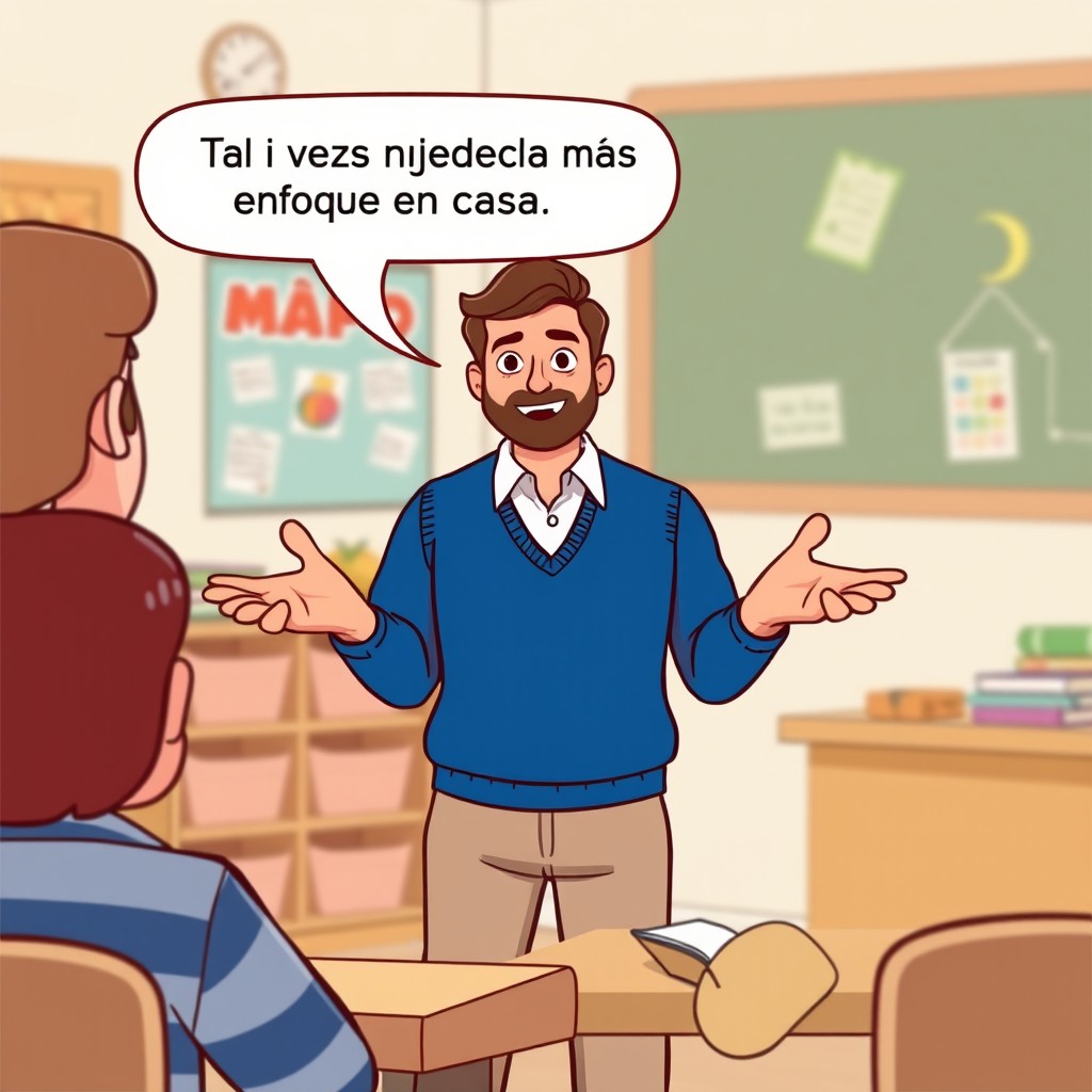 A cartoon scene depicting a male teacher responding politely to a father