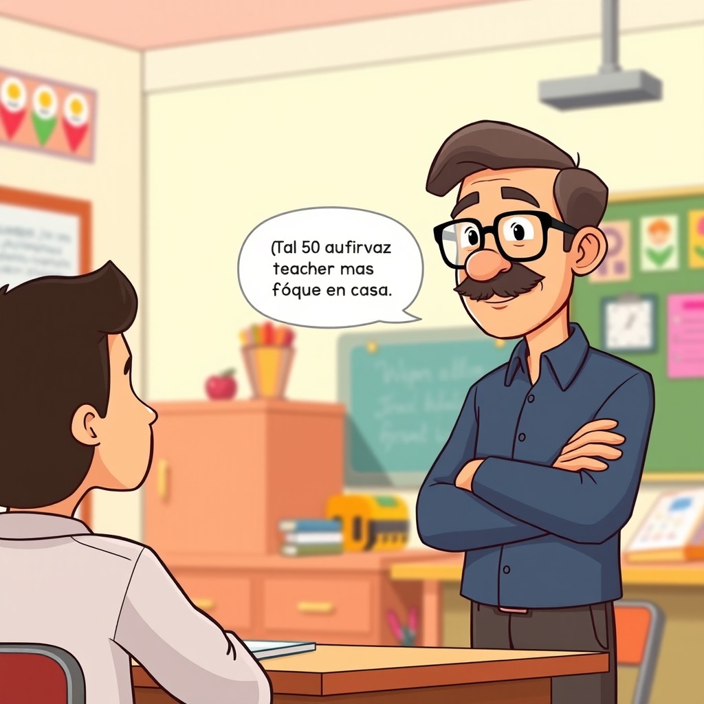 A cartoon scene depicting a 50-year-old male teacher with a mustache and glasses, responding politely to a father