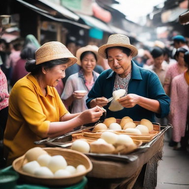 Warm scene of Indonesian locals sharing mochi street food together in a lively market setting