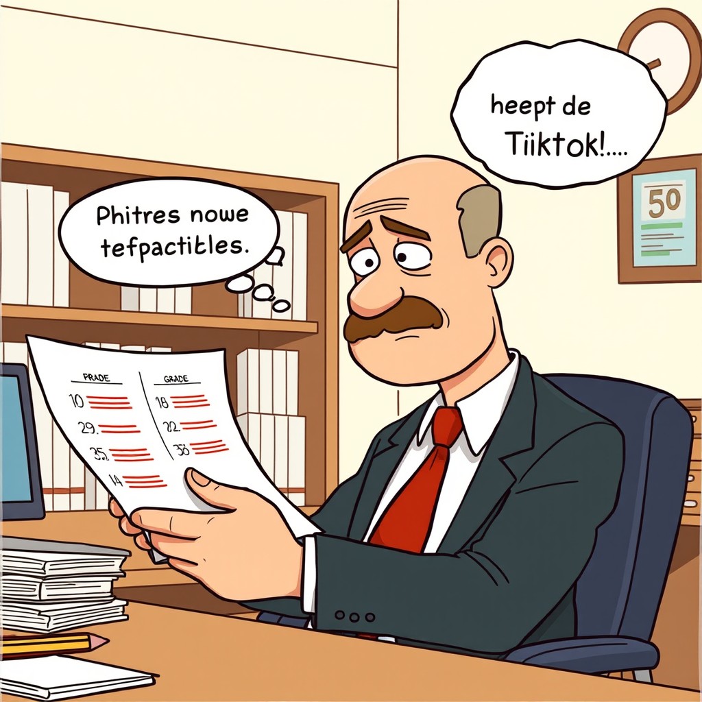 A cartoon scene of a 50-year-old male principal sitting in his office, reviewing paperwork