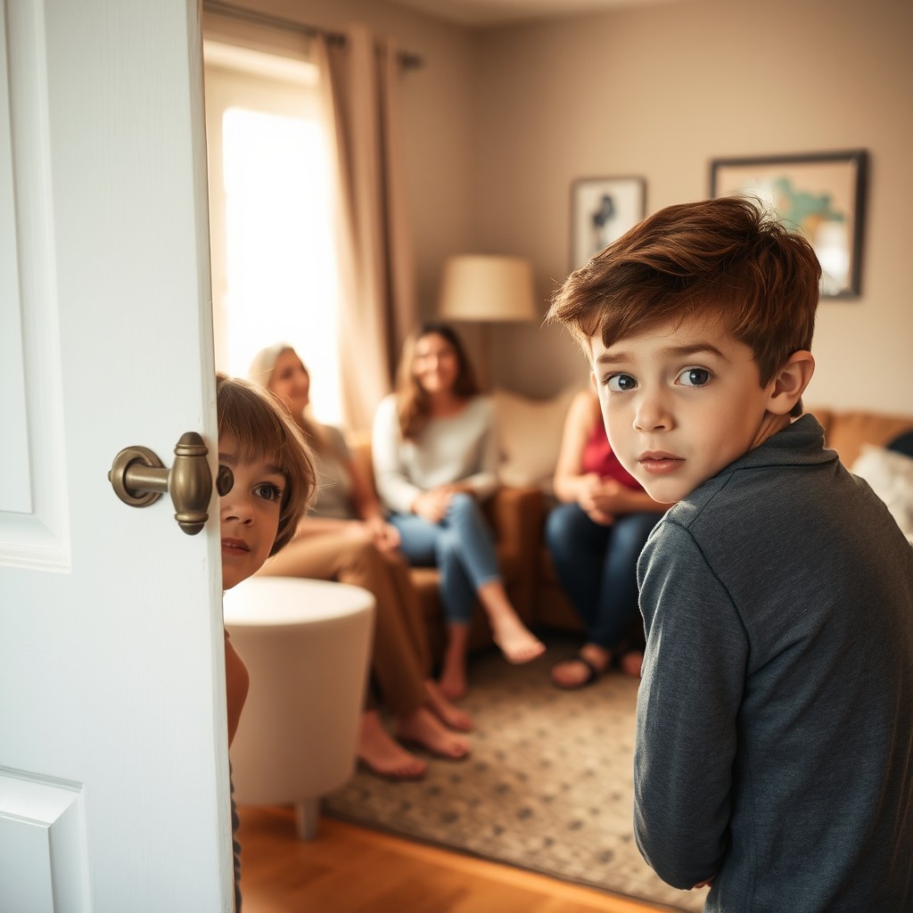 A teenage boy curiously peeking through a slightly ajar door, observing a group of married women engaged in a lively conversation in a cozy living room