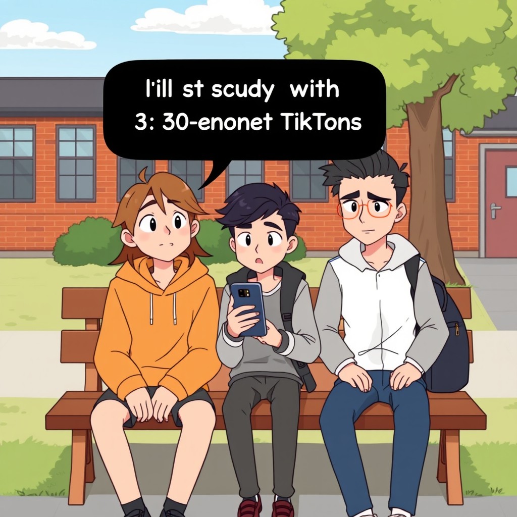 A cartoon scene set in a schoolyard during recess, with three male students sitting on a bench