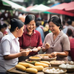 Warm scene of Indonesian locals sharing mochi street food together in a lively market setting