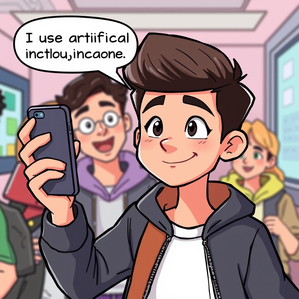 A cartoon scene featuring the second boy, who is 16 years old with a modern hairstyle, proudly showing his cellphone to his friends