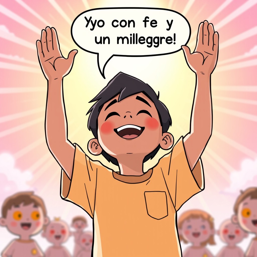 A cartoon scene featuring the third boy, 15 years old and shorter, raising his hands towards the sky with a joyful expression