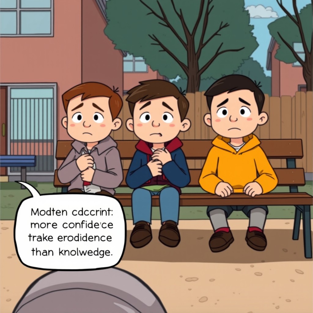 A cartoon scene where the camera pulls away to show the three boys on the bench, each displaying expressions of resignation