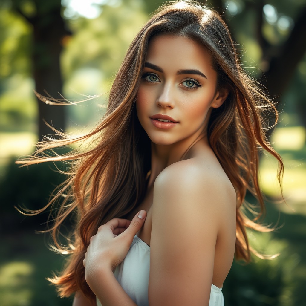 A beautiful 18-year-old woman with a captivating gaze, posed in a natural, serene outdoor setting, surrounded by elegant greenery and soft sunlight filtering through the trees