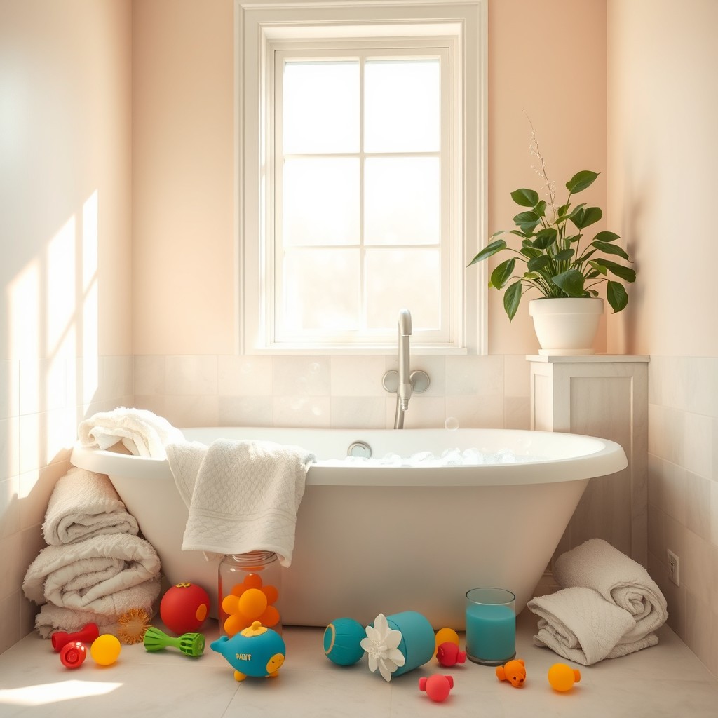 A serene and calming bathroom scene featuring soft pastel colors, filled with natural light streaming through a window