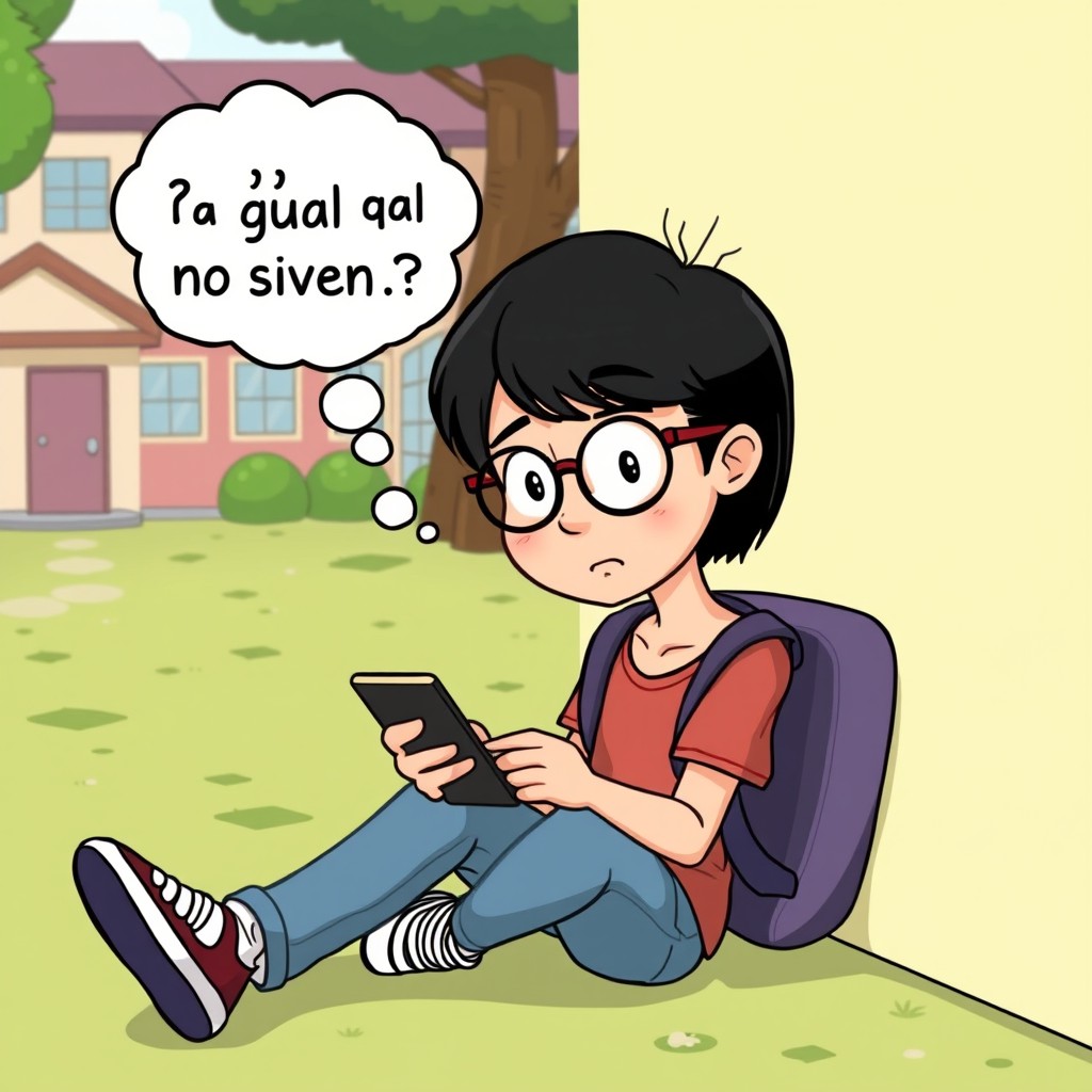 A cartoon scene depicting a 16-year-old girl, referred to as Alumna 1, with short hair and glasses, sitting in a corner of the schoolyard while looking at memes on her cellphone