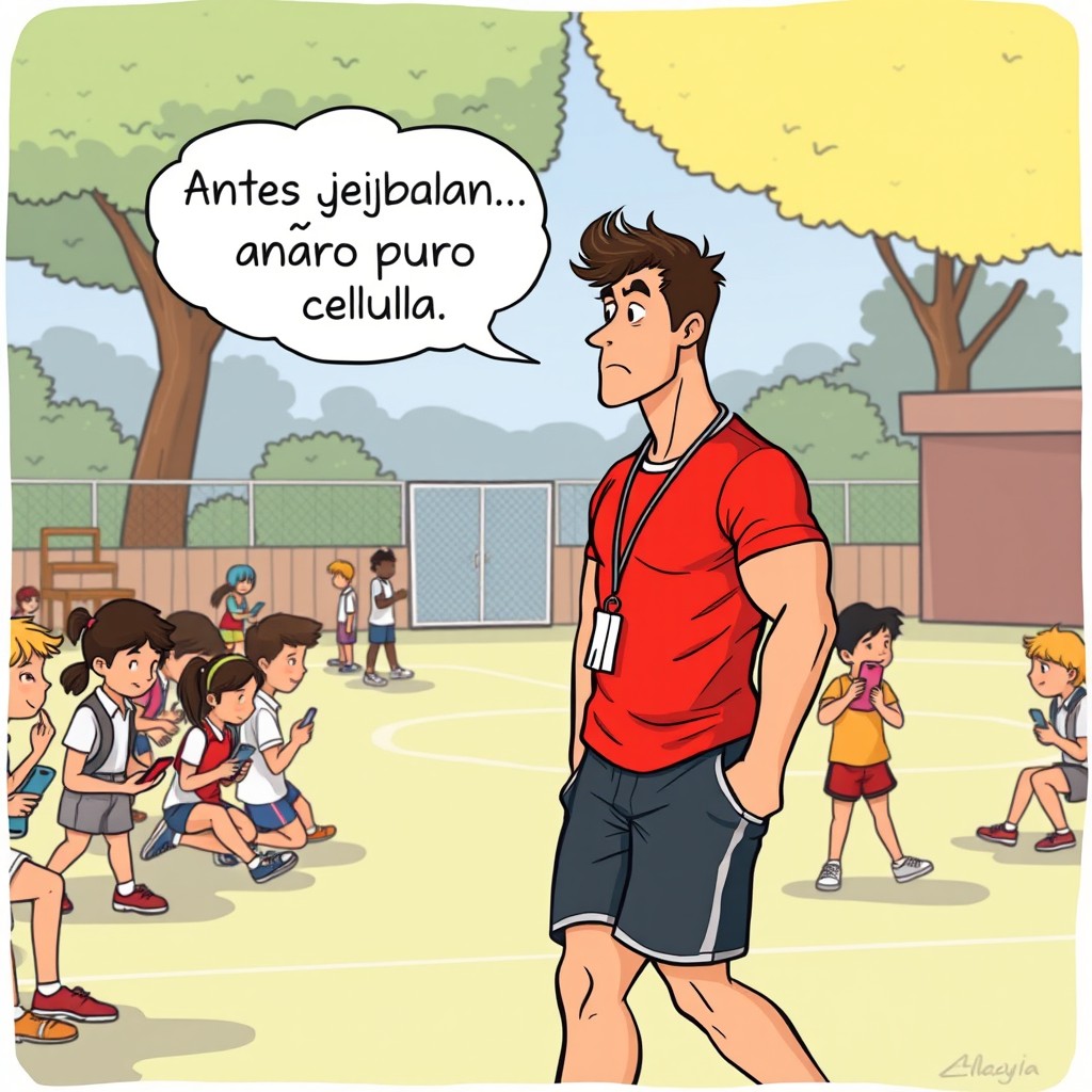 A cartoon scene featuring a physical education teacher, a muscular 30-year-old man wearing shorts and a sports shirt, walking with a whistle hanging around his neck