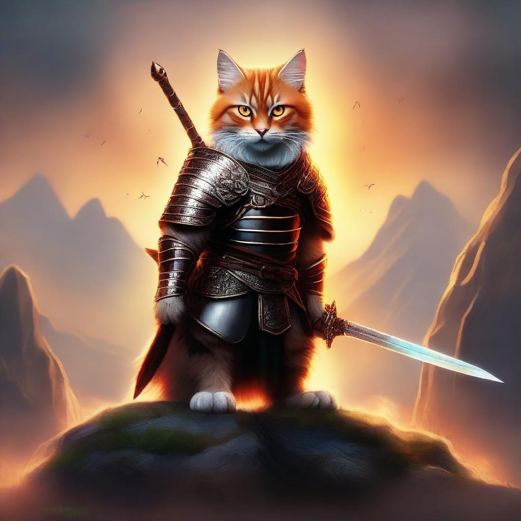 A digital art of a feline warrior, standing tall with a gleaming sword in paw