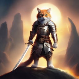 A digital art of a feline warrior, standing tall with a gleaming sword in paw