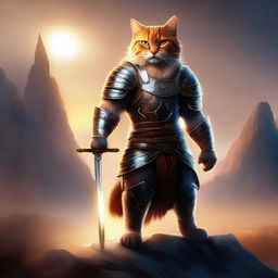 A digital art of a feline warrior, standing tall with a gleaming sword in paw