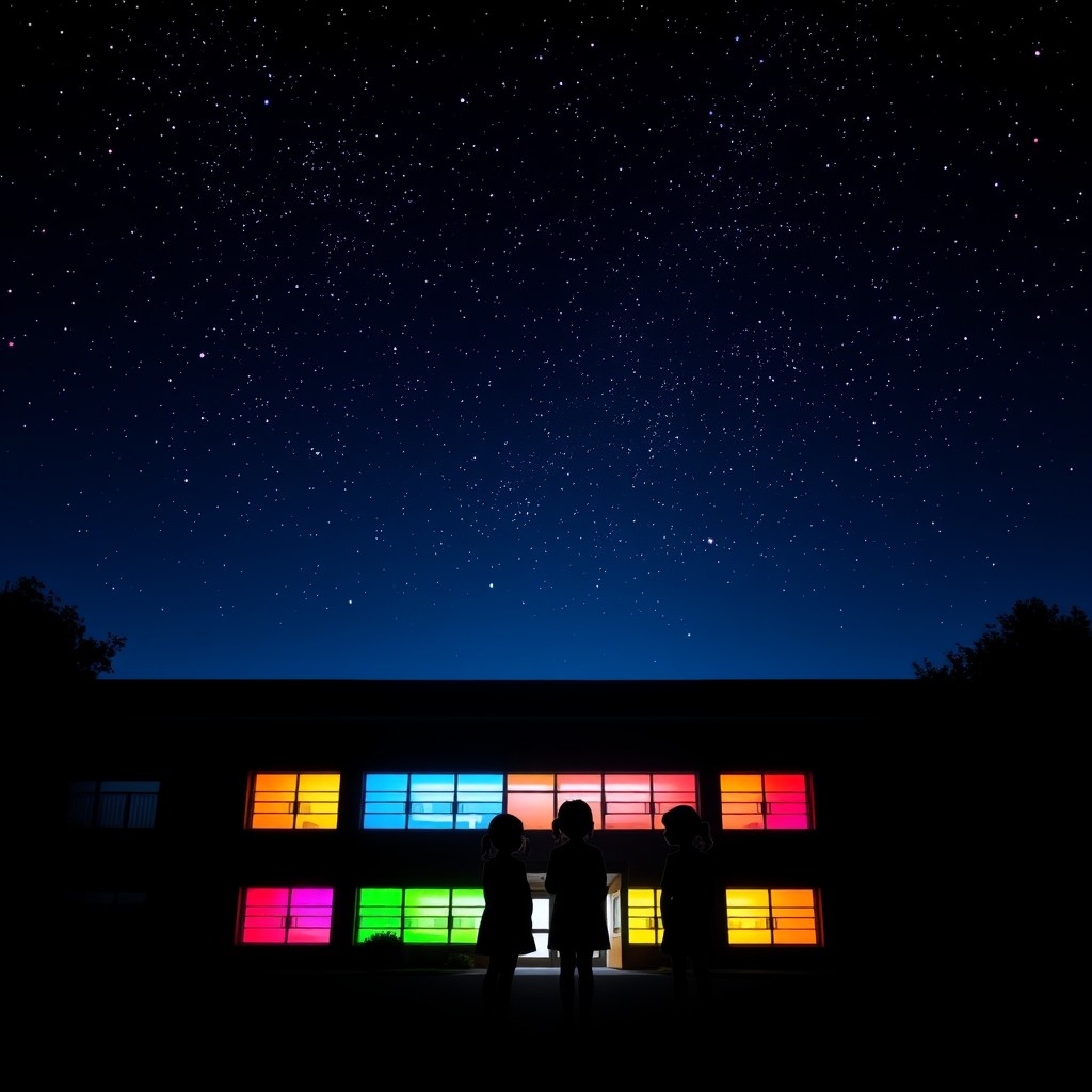 A dark night sky filled with twinkling stars above a school building