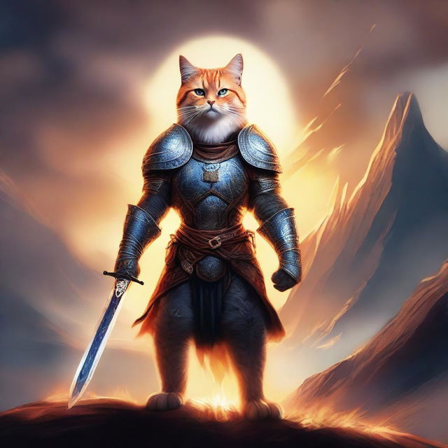 A digital art of a feline warrior, standing tall with a gleaming sword in paw