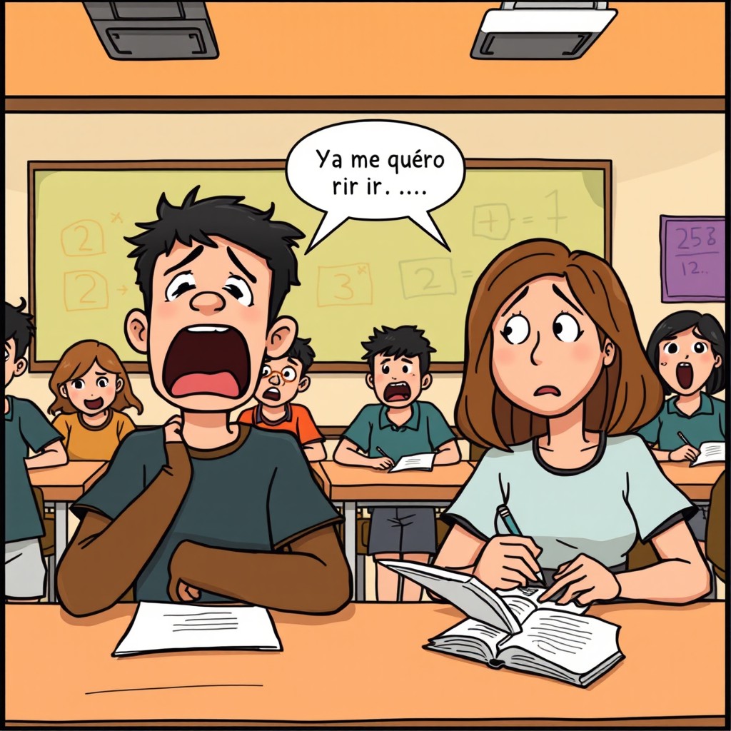 A cartoon scene set in a classroom during a math lesson, providing a general view of students yawning and looking bored