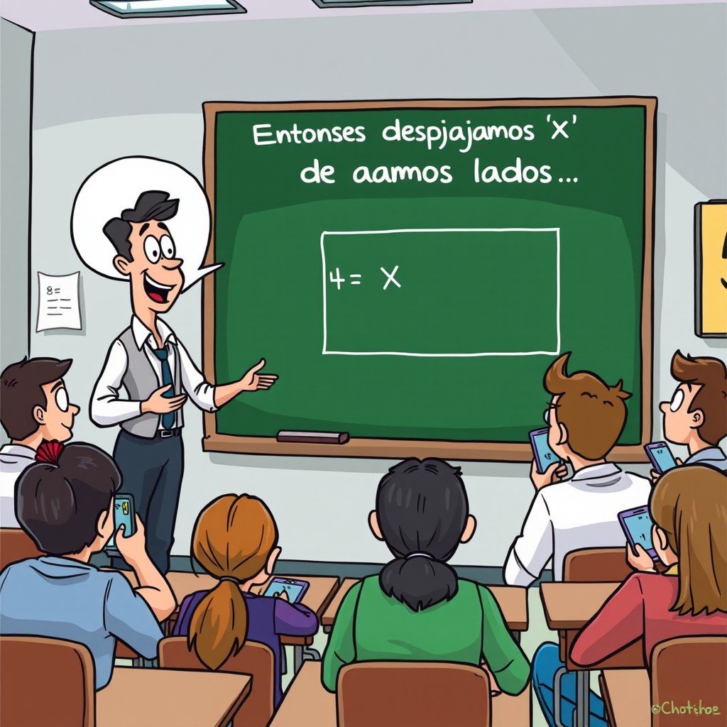 A cartoon scene showing a teacher standing in front of a blackboard with a chalk diagram, explaining a math problem