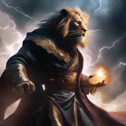 Create an image of Ki Singalodra, a Commander exuding lion's strength, enveloped in a sinister black robe, his face obscured by a mask, as he releases a thunderstorm roar, arriving from the future to eradicate evil and unite with the Avengers.